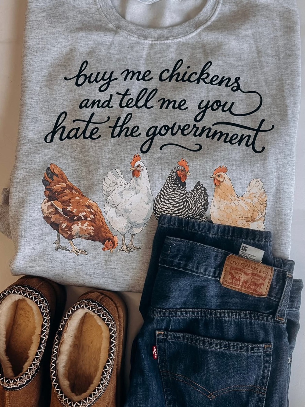Gray Sweatshirt Buy Me Chickens and Tell me you hate the Government Small-3X
